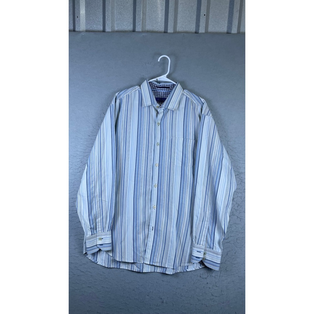 Tommy Bahama Button Up Shirt Mens XL Blue Striped Excellent Cotton Silk Blend